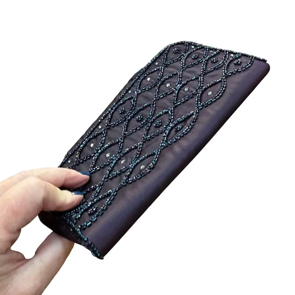 Vintage Magid USA evening bag clutch purse purple satin beaded envelope style - Picture 6 of 8